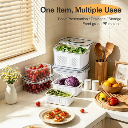 4 PCS Fruit Storage Containers for Fridge-Features removable Colander,All-in-One Fruit Washing Bowl & Colander,Microwave/Dishwasher Safe for Berry,Lettuce,Salad & Meat Fresh Longer,Green