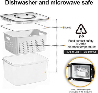 4 PCS Fruit Storage Containers for Fridge-Features removable Colander,All-in-One Fruit Washing Bowl & Colander,Microwave/Dishwasher Safe for Berry,Lettuce,Salad & Meat Fresh Longer,Green