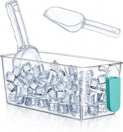 3 Divided Ice Bin for Freezer Bucket Ice Container for Freezer with Lid and Scoop Set Ices Storage Container Plastic Clear Pull out Handle Organizer Cubes Cabinet, 10.83 x 5.91 x 6.1 Inches