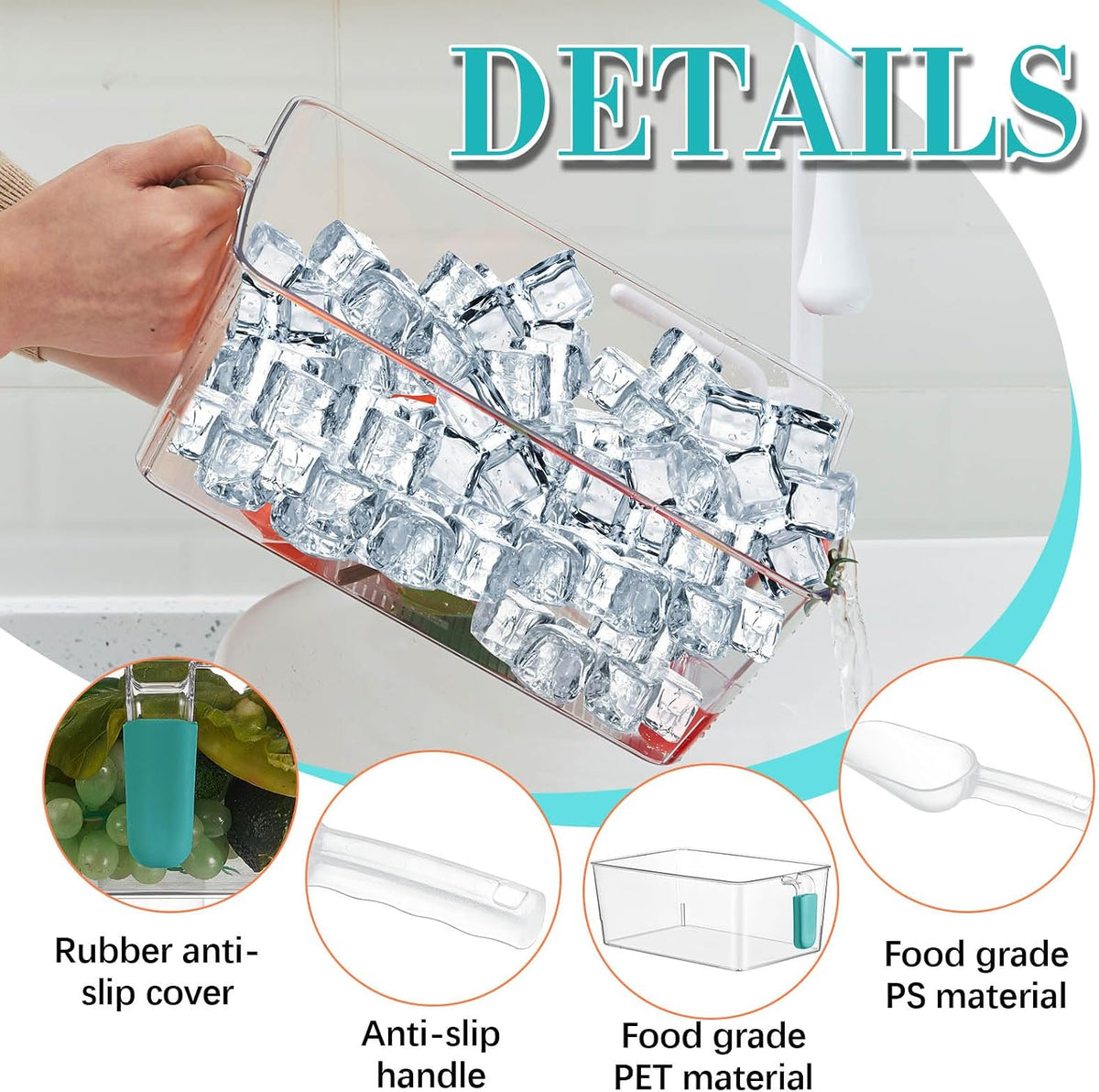 3 Divided Ice Bin for Freezer Bucket Ice Container for Freezer with Lid and Scoop Set Ices Storage Container Plastic Clear Pull out Handle Organizer Cubes Cabinet, 10.83 x 5.91 x 6.1 Inches