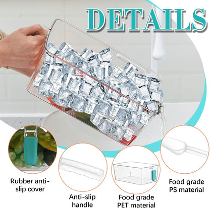 3 Divided Ice Bin for Freezer Bucket Ice Container for Freezer with Lid and Scoop Set Ices Storage Container Plastic Clear Pull out Handle Organizer Cubes Cabinet, 10.83 x 5.91 x 6.1 Inches