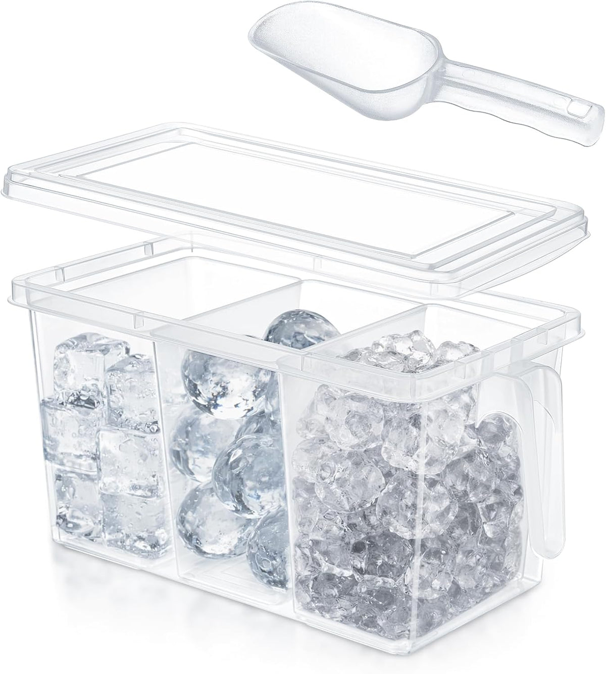3 Divided Ice Bin for Freezer Bucket Ice Container for Freezer with Lid and Scoop Set Ices Storage Container Plastic Clear Pull out Handle Organizer Cubes Cabinet, 10.83 x 5.91 x 6.1 Inches