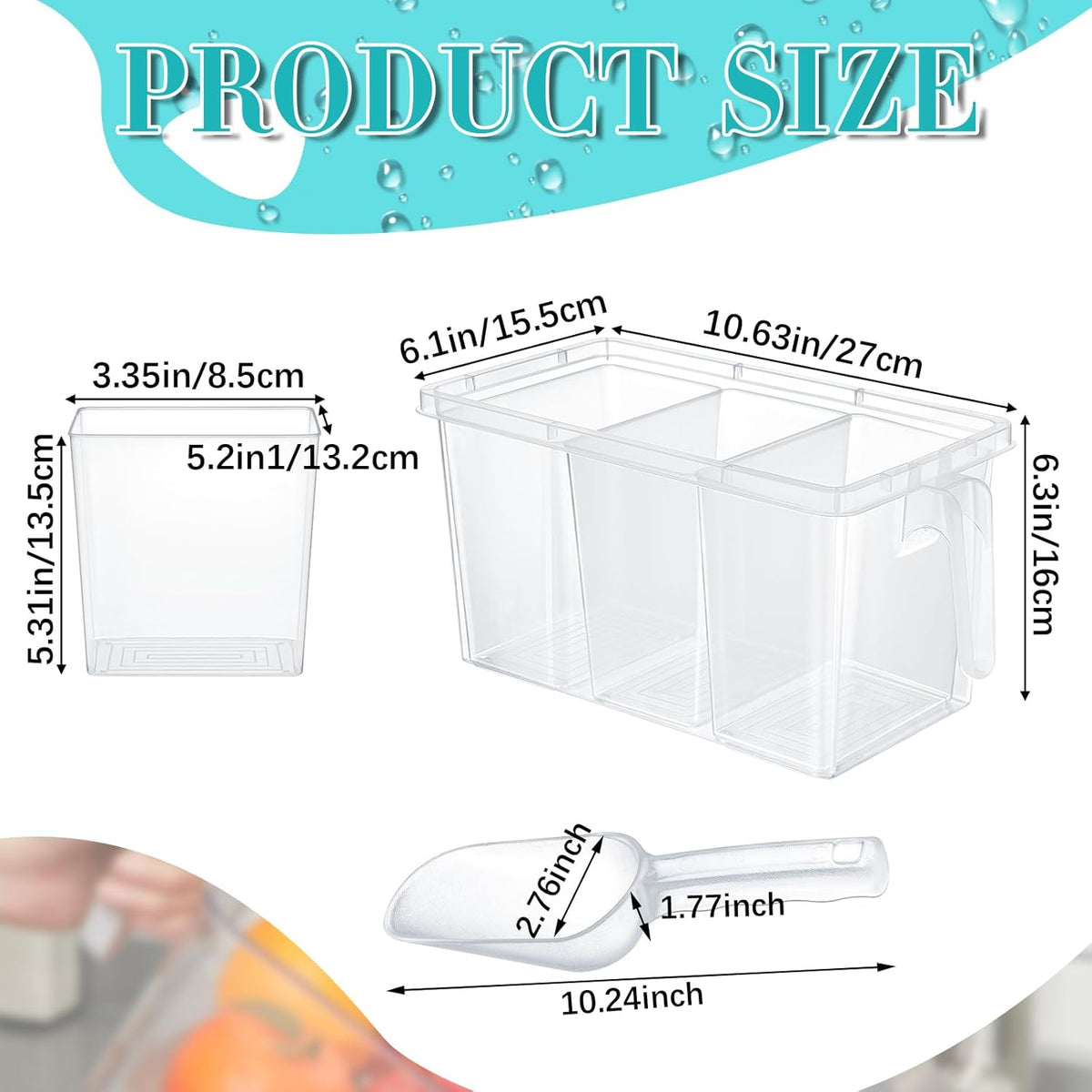 3 Divided Ice Bin for Freezer Bucket Ice Container for Freezer with Lid and Scoop Set Ices Storage Container Plastic Clear Pull out Handle Organizer Cubes Cabinet, 10.83 x 5.91 x 6.1 Inches