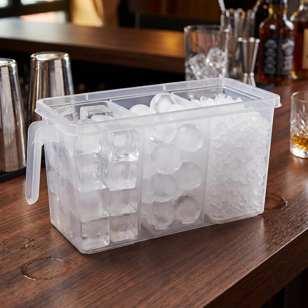 3 Divided Ice Bin for Freezer Bucket Ice Container for Freezer with Lid and Scoop Set Ices Storage Container Plastic Clear Pull out Handle Organizer Cubes Cabinet, 10.83 x 5.91 x 6.1 Inches