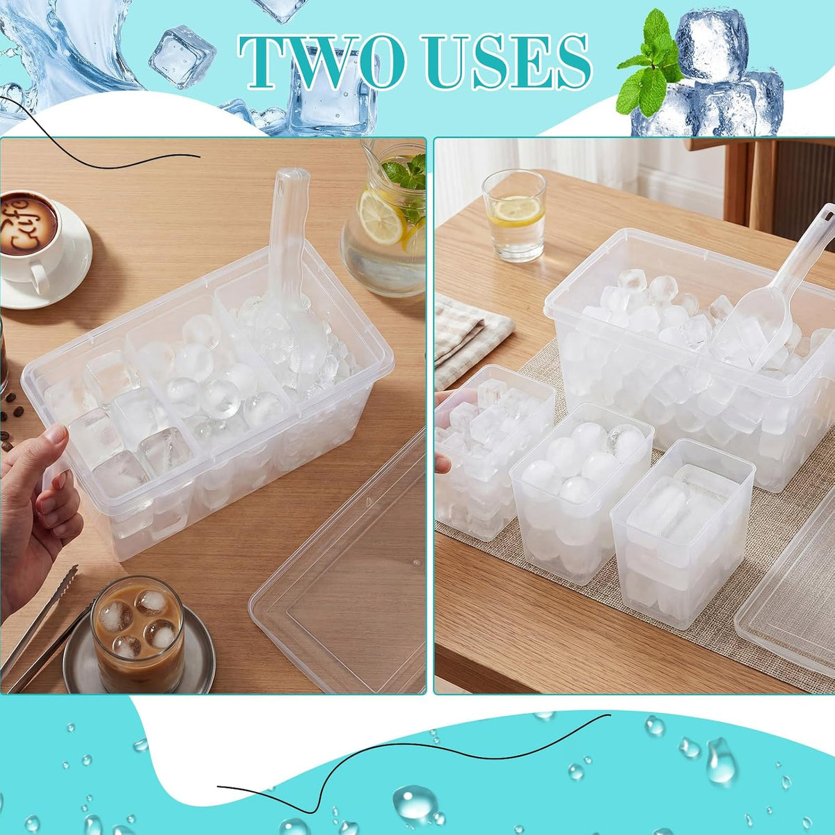 3 Divided Ice Bin for Freezer Bucket Ice Container for Freezer with Lid and Scoop Set Ices Storage Container Plastic Clear Pull out Handle Organizer Cubes Cabinet, 10.83 x 5.91 x 6.1 Inches