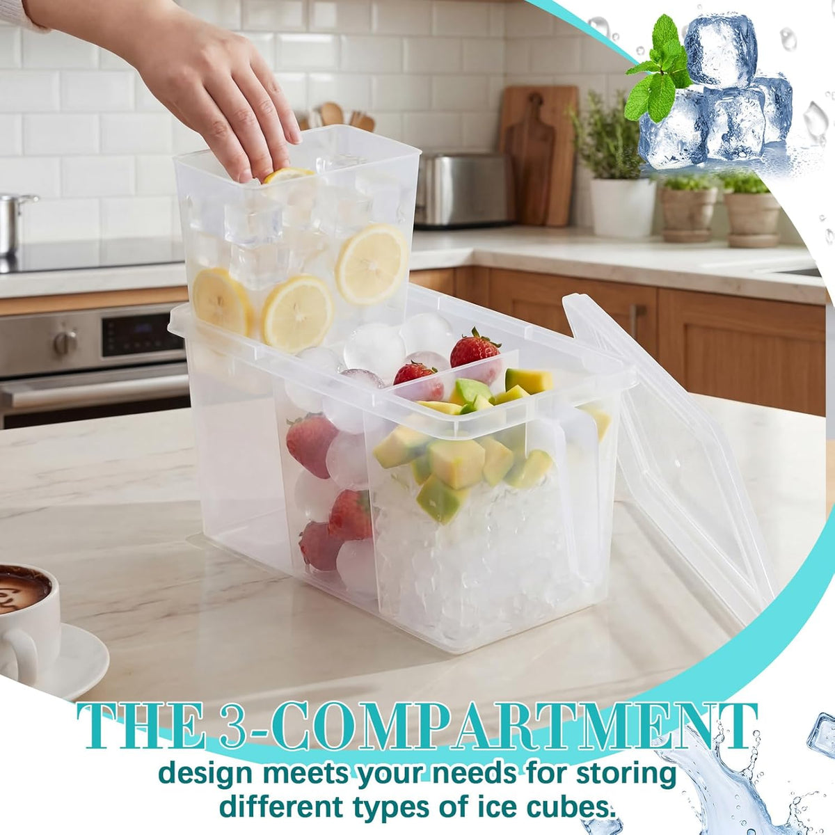 3 Divided Ice Bin for Freezer Bucket Ice Container for Freezer with Lid and Scoop Set Ices Storage Container Plastic Clear Pull out Handle Organizer Cubes Cabinet, 10.83 x 5.91 x 6.1 Inches