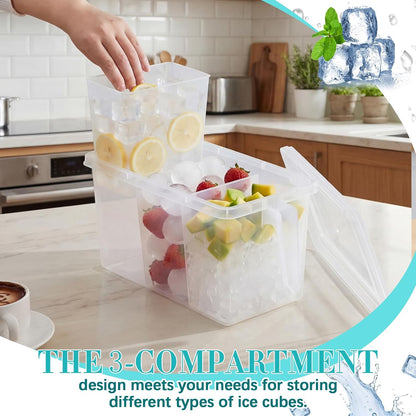 3 Divided Ice Bin for Freezer Bucket Ice Container for Freezer with Lid and Scoop Set Ices Storage Container Plastic Clear Pull out Handle Organizer Cubes Cabinet, 10.83 x 5.91 x 6.1 Inches