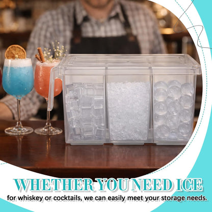 3 Divided Ice Bin for Freezer Bucket Ice Container for Freezer with Lid and Scoop Set Ices Storage Container Plastic Clear Pull out Handle Organizer Cubes Cabinet, 10.83 x 5.91 x 6.1 Inches