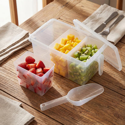3 Divided Ice Bin for Freezer Bucket Ice Container for Freezer with Lid and Scoop Set Ices Storage Container Plastic Clear Pull out Handle Organizer Cubes Cabinet, 10.83 x 5.91 x 6.1 Inches
