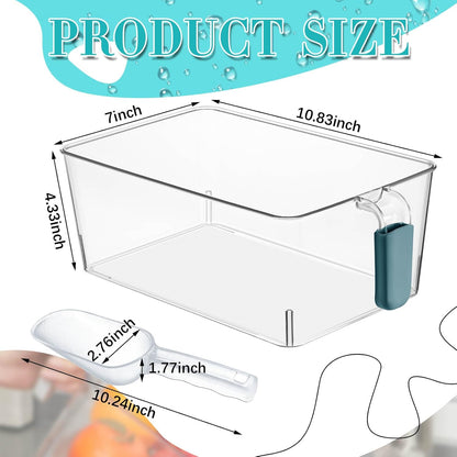 3 Divided Ice Bin for Freezer Bucket Ice Container for Freezer with Lid and Scoop Set Ices Storage Container Plastic Clear Pull out Handle Organizer Cubes Cabinet, 10.83 x 5.91 x 6.1 Inches