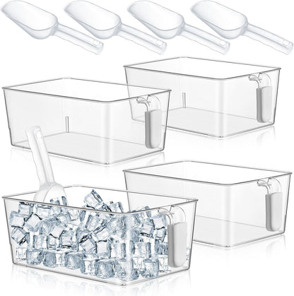 3 Divided Ice Bin for Freezer Bucket Ice Container for Freezer with Lid and Scoop Set Ices Storage Container Plastic Clear Pull out Handle Organizer Cubes Cabinet, 10.83 x 5.91 x 6.1 Inches