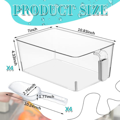3 Divided Ice Bin for Freezer Bucket Ice Container for Freezer with Lid and Scoop Set Ices Storage Container Plastic Clear Pull out Handle Organizer Cubes Cabinet, 10.83 x 5.91 x 6.1 Inches