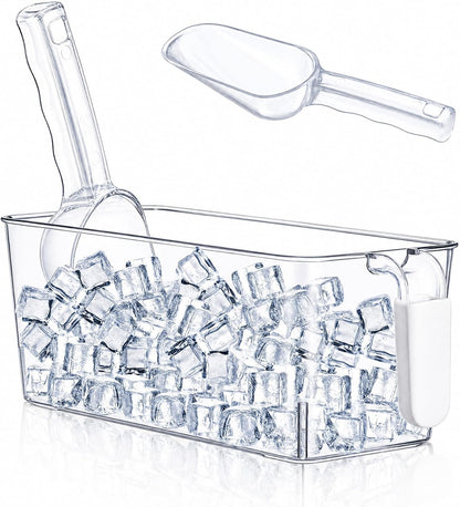 3 Divided Ice Bin for Freezer Bucket Ice Container for Freezer with Lid and Scoop Set Ices Storage Container Plastic Clear Pull out Handle Organizer Cubes Cabinet, 10.83 x 5.91 x 6.1 Inches