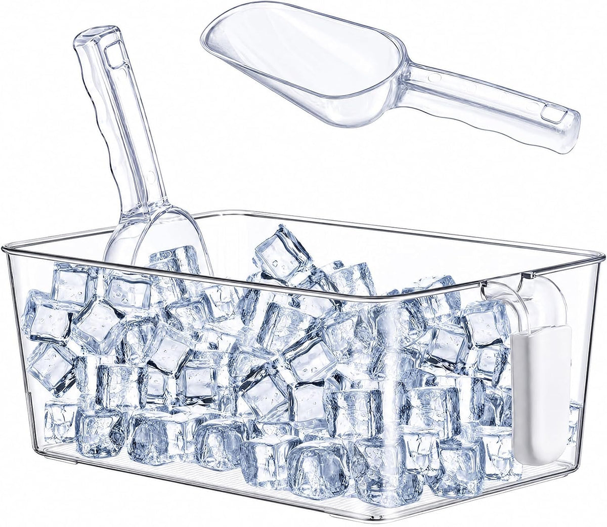 3 Divided Ice Bin for Freezer Bucket Ice Container for Freezer with Lid and Scoop Set Ices Storage Container Plastic Clear Pull out Handle Organizer Cubes Cabinet, 10.83 x 5.91 x 6.1 Inches