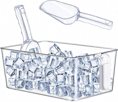 3 Divided Ice Bin for Freezer Bucket Ice Container for Freezer with Lid and Scoop Set Ices Storage Container Plastic Clear Pull out Handle Organizer Cubes Cabinet, 10.83 x 5.91 x 6.1 Inches