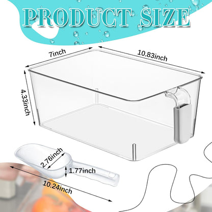 3 Divided Ice Bin for Freezer Bucket Ice Container for Freezer with Lid and Scoop Set Ices Storage Container Plastic Clear Pull out Handle Organizer Cubes Cabinet, 10.83 x 5.91 x 6.1 Inches