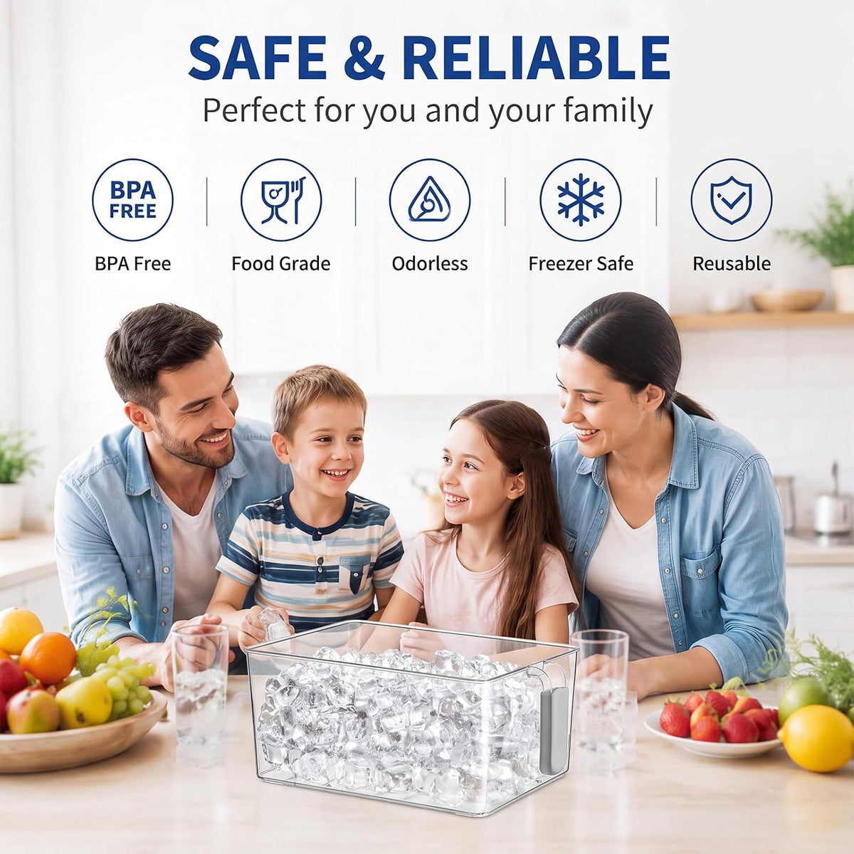 3 Divided Ice Bin for Freezer Bucket Ice Container for Freezer with Lid and Scoop Set Ices Storage Container Plastic Clear Pull out Handle Organizer Cubes Cabinet, 10.83 x 5.91 x 6.1 Inches