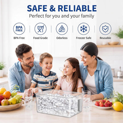3 Divided Ice Bin for Freezer Bucket Ice Container for Freezer with Lid and Scoop Set Ices Storage Container Plastic Clear Pull out Handle Organizer Cubes Cabinet, 10.83 x 5.91 x 6.1 Inches