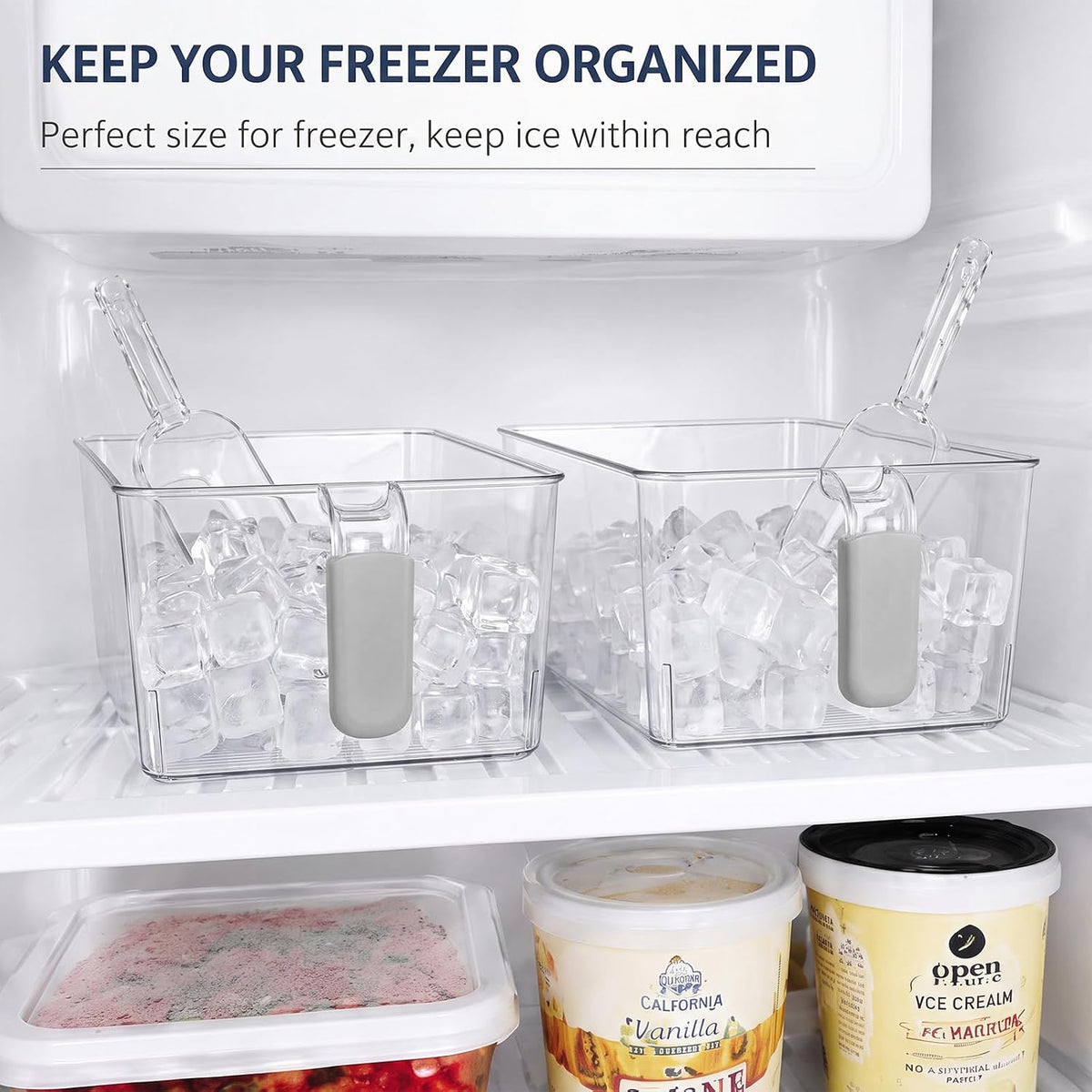 3 Divided Ice Bin for Freezer Bucket Ice Container for Freezer with Lid and Scoop Set Ices Storage Container Plastic Clear Pull out Handle Organizer Cubes Cabinet, 10.83 x 5.91 x 6.1 Inches