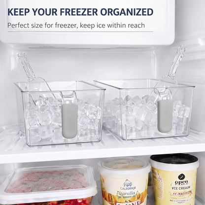 3 Divided Ice Bin for Freezer Bucket Ice Container for Freezer with Lid and Scoop Set Ices Storage Container Plastic Clear Pull out Handle Organizer Cubes Cabinet, 10.83 x 5.91 x 6.1 Inches