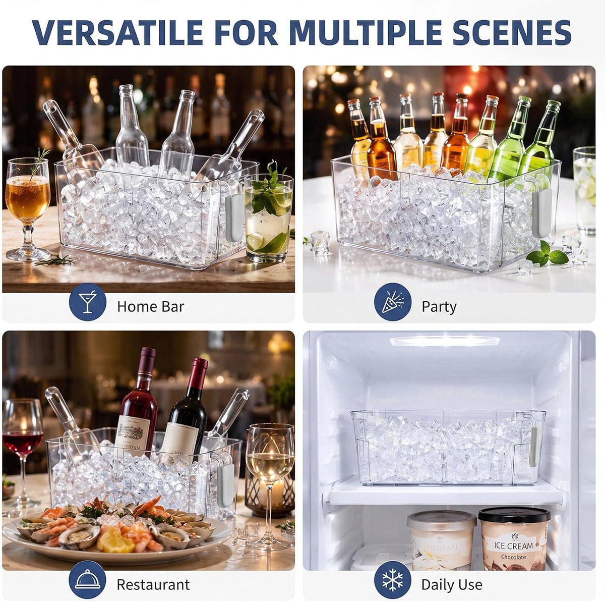 3 Divided Ice Bin for Freezer Bucket Ice Container for Freezer with Lid and Scoop Set Ices Storage Container Plastic Clear Pull out Handle Organizer Cubes Cabinet, 10.83 x 5.91 x 6.1 Inches