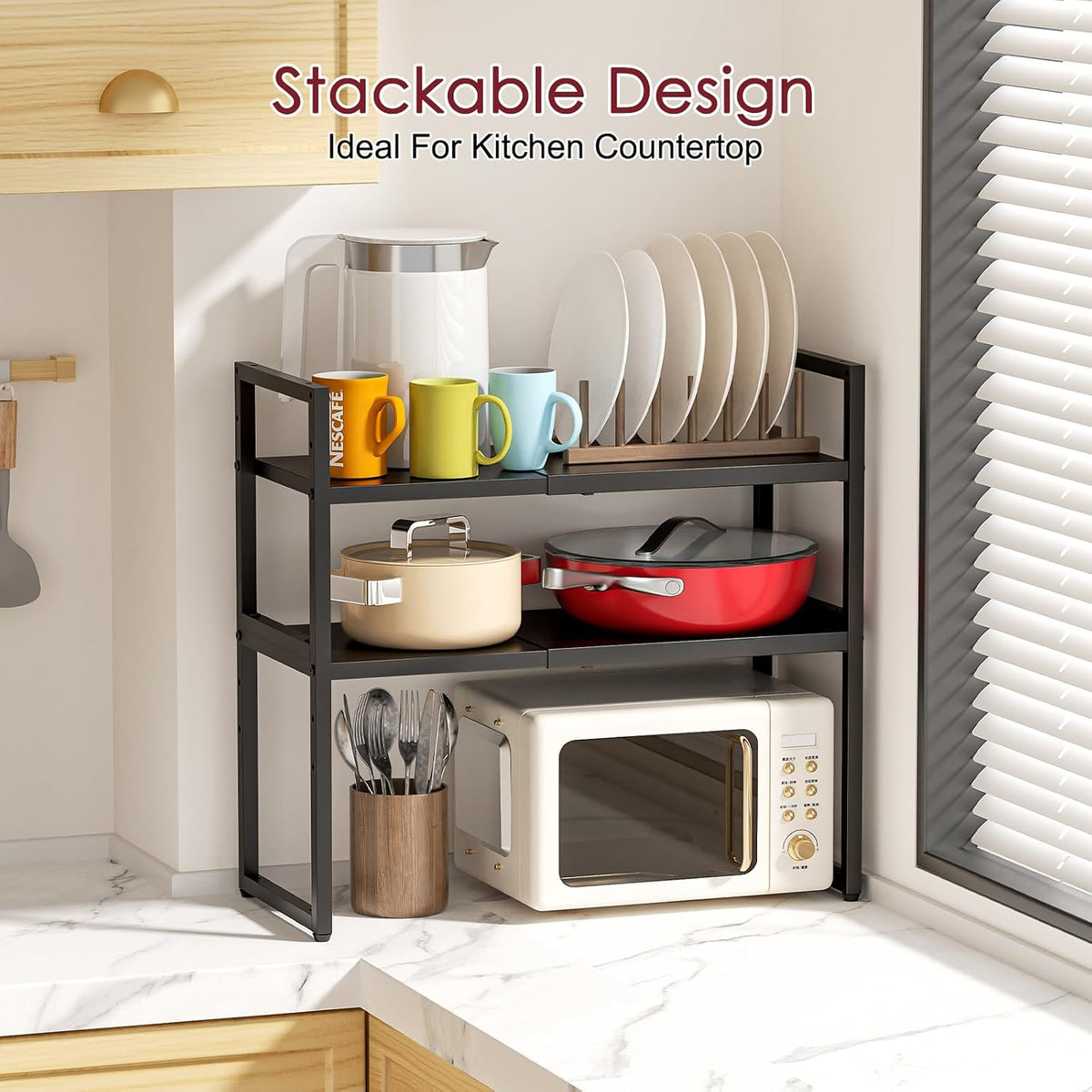 Expandable Metal Storage Shelves, 110LBS Heavy Duty Shelving Units and Storage for Pots Pans Small Appliances, Adjustable Metal Storage Shelf Organizer Rack for Kitchen Cabinets Closet Pantry Garage