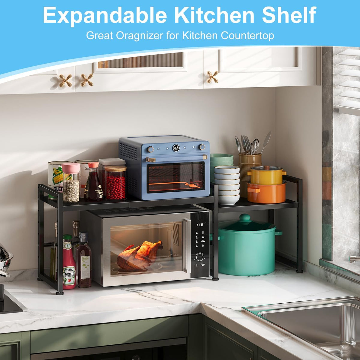 Expandable Metal Storage Shelves, 110LBS Heavy Duty Shelving Units and Storage for Pots Pans Small Appliances, Adjustable Metal Storage Shelf Organizer Rack for Kitchen Cabinets Closet Pantry Garage