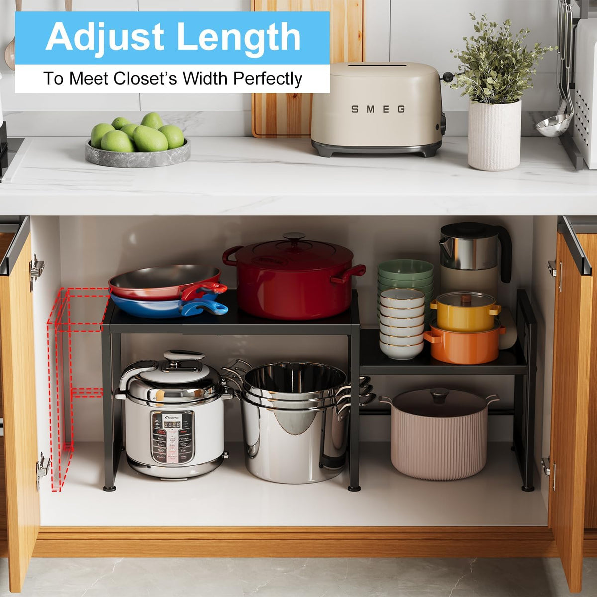 Expandable Metal Storage Shelves, 110LBS Heavy Duty Shelving Units and Storage for Pots Pans Small Appliances, Adjustable Metal Storage Shelf Organizer Rack for Kitchen Cabinets Closet Pantry Garage