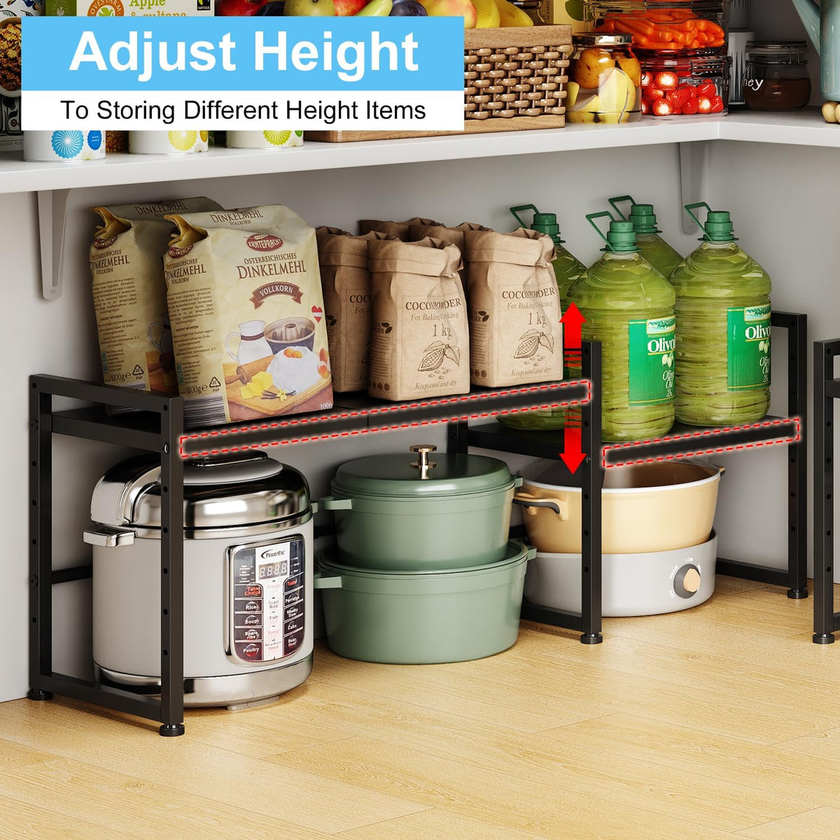 Expandable Metal Storage Shelves, 110LBS Heavy Duty Shelving Units and Storage for Pots Pans Small Appliances, Adjustable Metal Storage Shelf Organizer Rack for Kitchen Cabinets Closet Pantry Garage