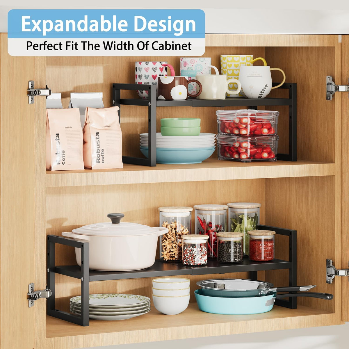 Expandable Metal Storage Shelves, 110LBS Heavy Duty Shelving Units and Storage for Pots Pans Small Appliances, Adjustable Metal Storage Shelf Organizer Rack for Kitchen Cabinets Closet Pantry Garage