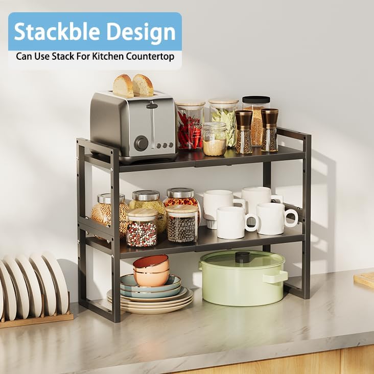 Expandable Metal Storage Shelves, 110LBS Heavy Duty Shelving Units and Storage for Pots Pans Small Appliances, Adjustable Metal Storage Shelf Organizer Rack for Kitchen Cabinets Closet Pantry Garage