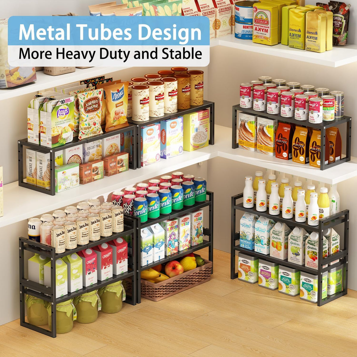 Expandable Metal Storage Shelves, 110LBS Heavy Duty Shelving Units and Storage for Pots Pans Small Appliances, Adjustable Metal Storage Shelf Organizer Rack for Kitchen Cabinets Closet Pantry Garage