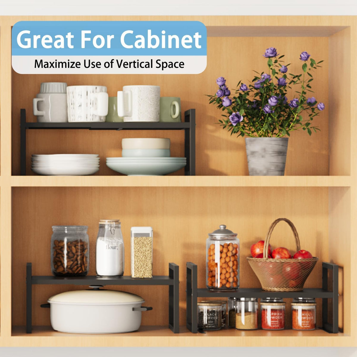 Expandable Metal Storage Shelves, 110LBS Heavy Duty Shelving Units and Storage for Pots Pans Small Appliances, Adjustable Metal Storage Shelf Organizer Rack for Kitchen Cabinets Closet Pantry Garage