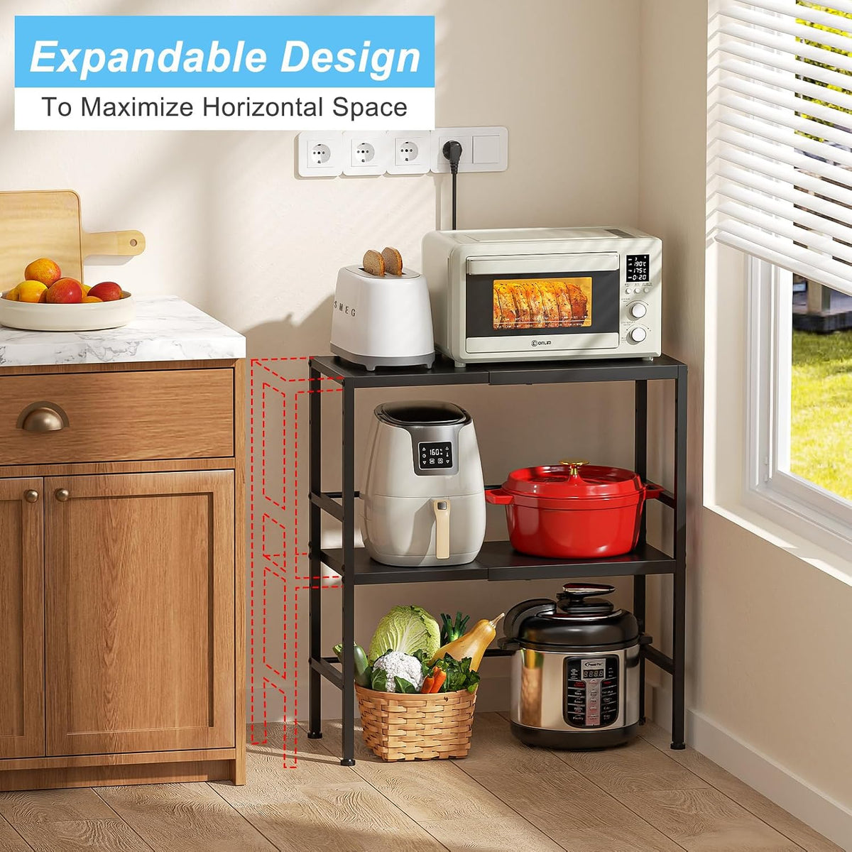 Expandable Metal Storage Shelves, 110LBS Heavy Duty Shelving Units and Storage for Pots Pans Small Appliances, Adjustable Metal Storage Shelf Organizer Rack for Kitchen Cabinets Closet Pantry Garage