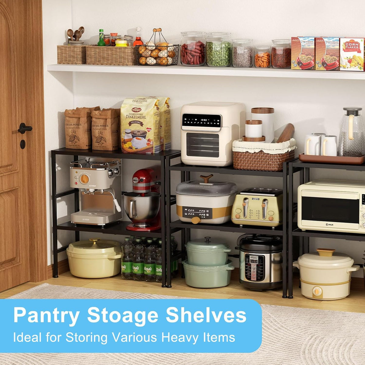 Expandable Metal Storage Shelves, 110LBS Heavy Duty Shelving Units and Storage for Pots Pans Small Appliances, Adjustable Metal Storage Shelf Organizer Rack for Kitchen Cabinets Closet Pantry Garage
