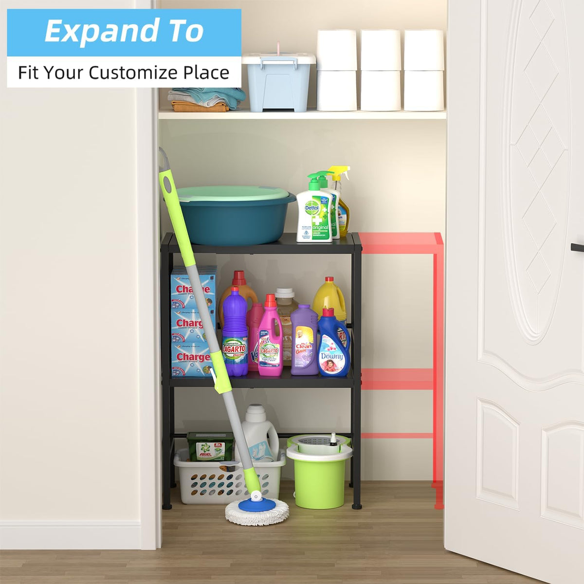 Expandable Metal Storage Shelves, 110LBS Heavy Duty Shelving Units and Storage for Pots Pans Small Appliances, Adjustable Metal Storage Shelf Organizer Rack for Kitchen Cabinets Closet Pantry Garage