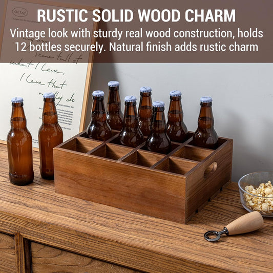 MyGift Rustic Wood Bottle Storage Crate, 12 Slot Beer Holder Caddy