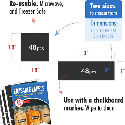 Reusable Chalkboard Labels for Food Containers, 96-Pack (1x3 & 1.5") - Erasable Dry Erase Stickers - Removable Kitchen Labels for Fridge, Freezer & Organizing