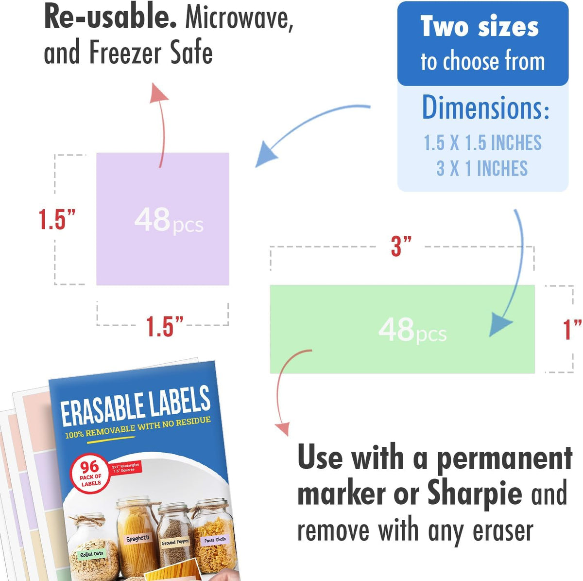 Reusable Chalkboard Labels for Food Containers, 96-Pack (1x3 & 1.5") - Erasable Dry Erase Stickers - Removable Kitchen Labels for Fridge, Freezer & Organizing