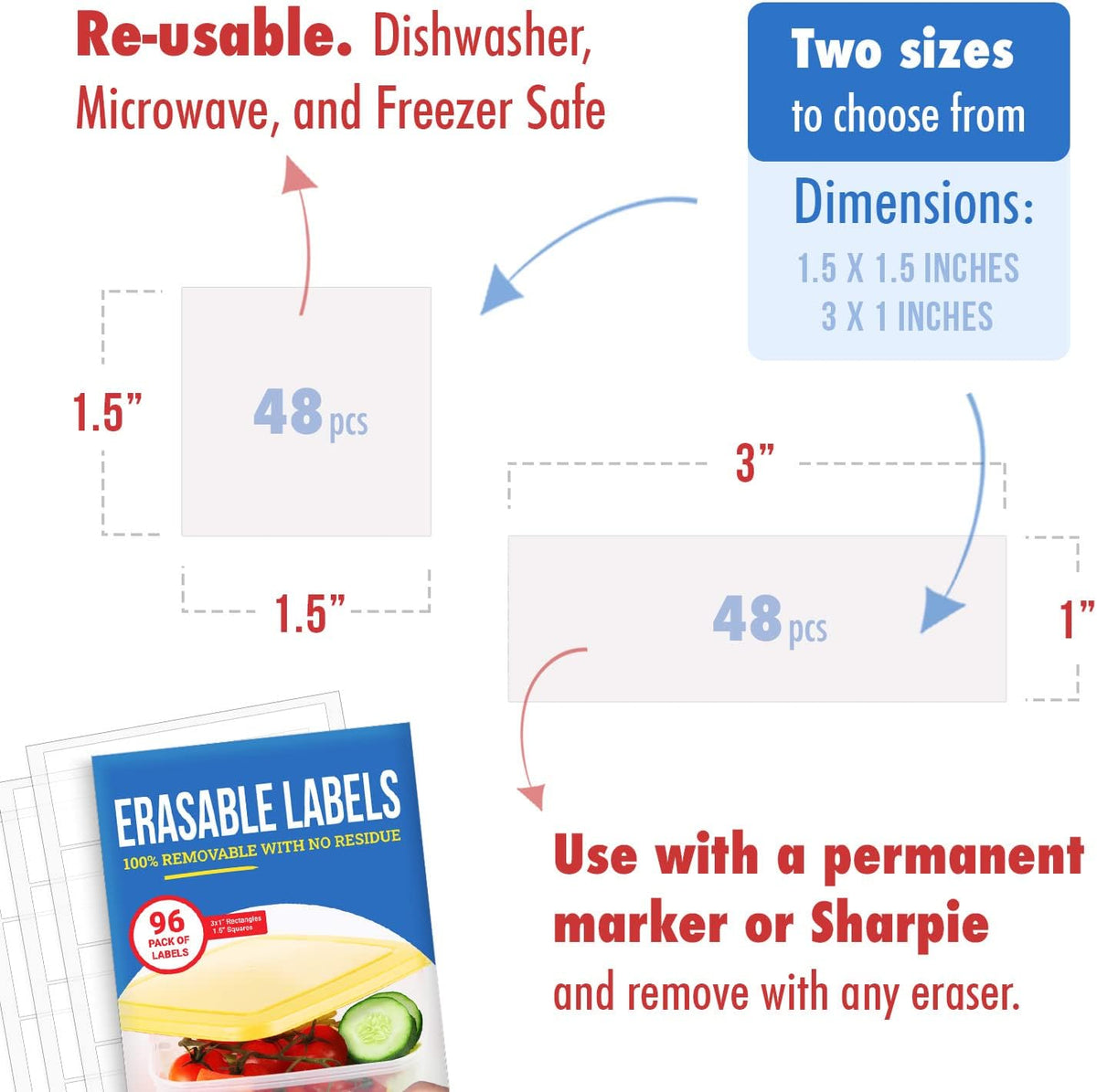 Reusable Chalkboard Labels for Food Containers, 96-Pack (1x3 & 1.5") - Erasable Dry Erase Stickers - Removable Kitchen Labels for Fridge, Freezer & Organizing