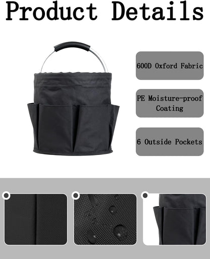Cleaning Caddy with Handle, Cleaning Products Organiser, Foldable Storage Basket, Large Supply Organiser 17L with 6 Pockets, Portable Cleaning Caddy for Home & Garden (Black)
