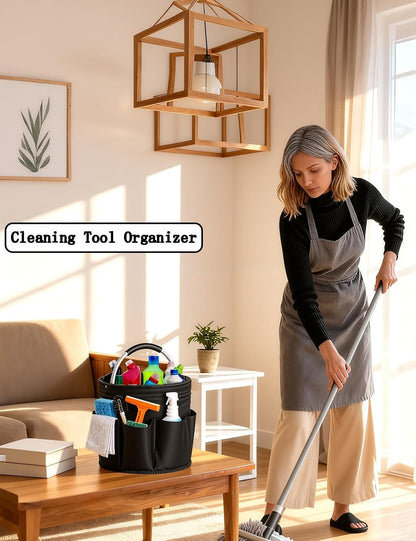 Cleaning Caddy with Handle, Cleaning Products Organiser, Foldable Storage Basket, Large Supply Organiser 17L with 6 Pockets, Portable Cleaning Caddy for Home & Garden (Black)