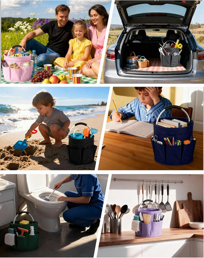 Cleaning Caddy with Handle, Cleaning Products Organiser, Foldable Storage Basket, Large Supply Organiser 17L with 6 Pockets, Portable Cleaning Caddy for Home & Garden (Black)