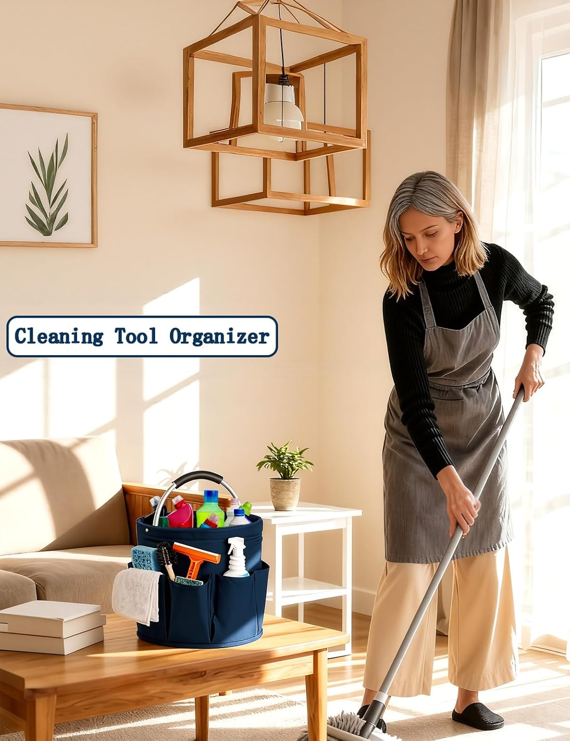 Cleaning Caddy with Handle, Cleaning Products Organiser, Foldable Storage Basket, Large Supply Organiser 17L with 6 Pockets, Portable Cleaning Caddy for Home & Garden (Black)