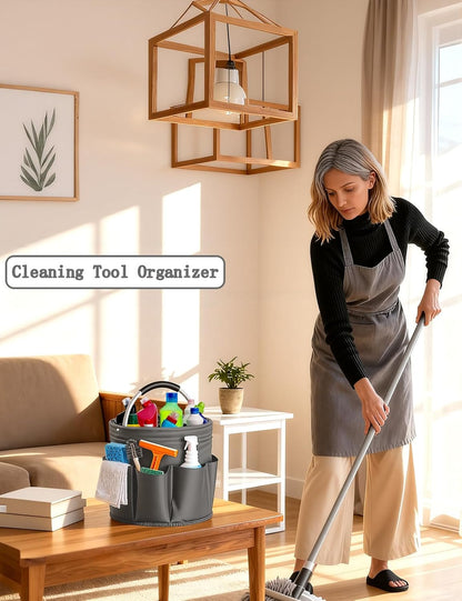Cleaning Caddy with Handle, Cleaning Products Organiser, Foldable Storage Basket, Large Supply Organiser 17L with 6 Pockets, Portable Cleaning Caddy for Home & Garden (Black)