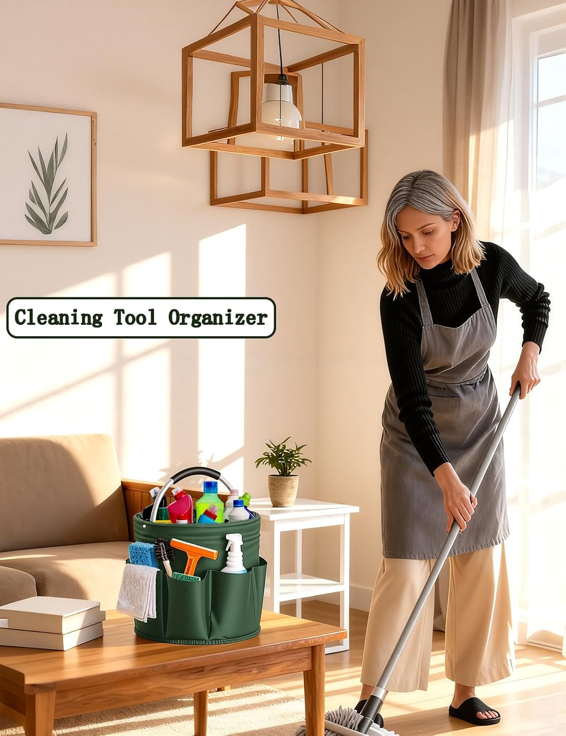 Cleaning Caddy with Handle, Cleaning Products Organiser, Foldable Storage Basket, Large Supply Organiser 17L with 6 Pockets, Portable Cleaning Caddy for Home & Garden (Black)
