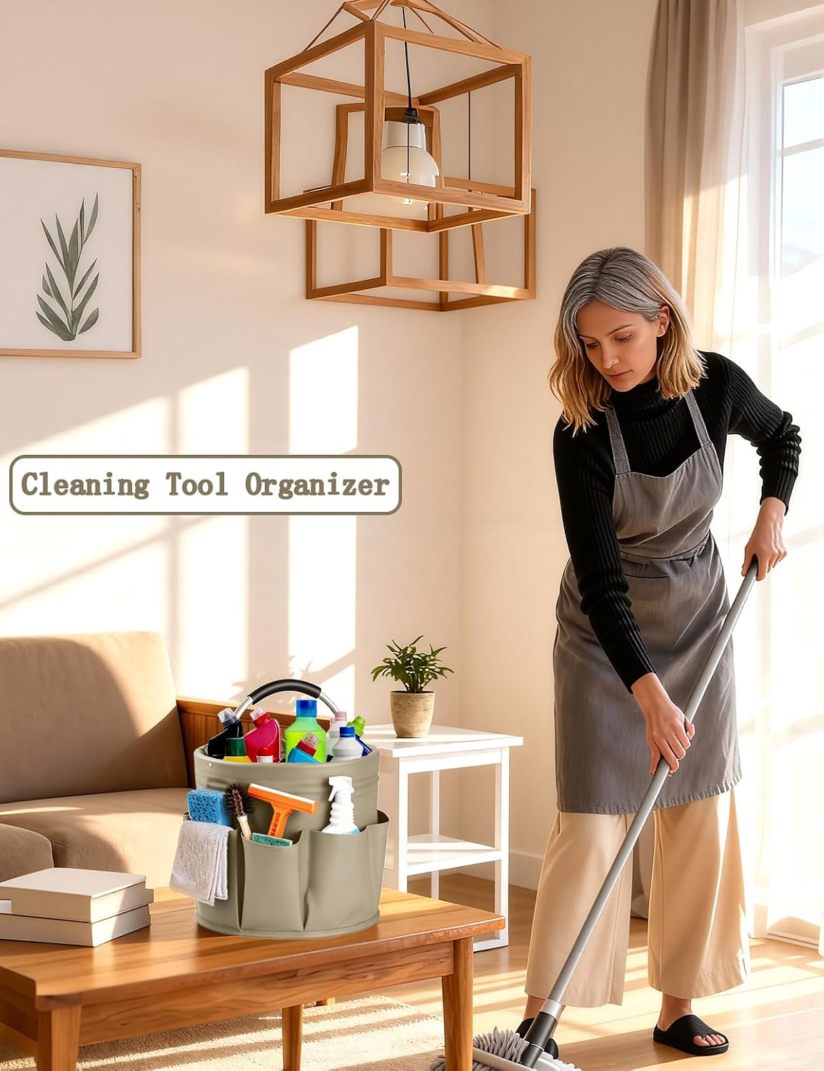 Cleaning Caddy with Handle, Cleaning Products Organiser, Foldable Storage Basket, Large Supply Organiser 17L with 6 Pockets, Portable Cleaning Caddy for Home & Garden (Black)