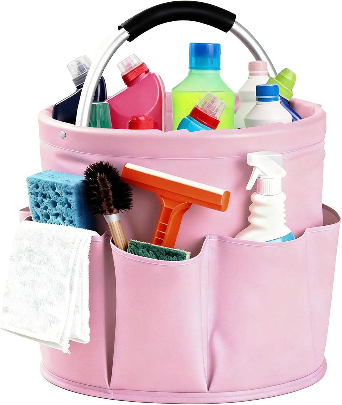 Cleaning Caddy with Handle, Cleaning Products Organiser, Foldable Storage Basket, Large Supply Organiser 17L with 6 Pockets, Portable Cleaning Caddy for Home & Garden (Black)