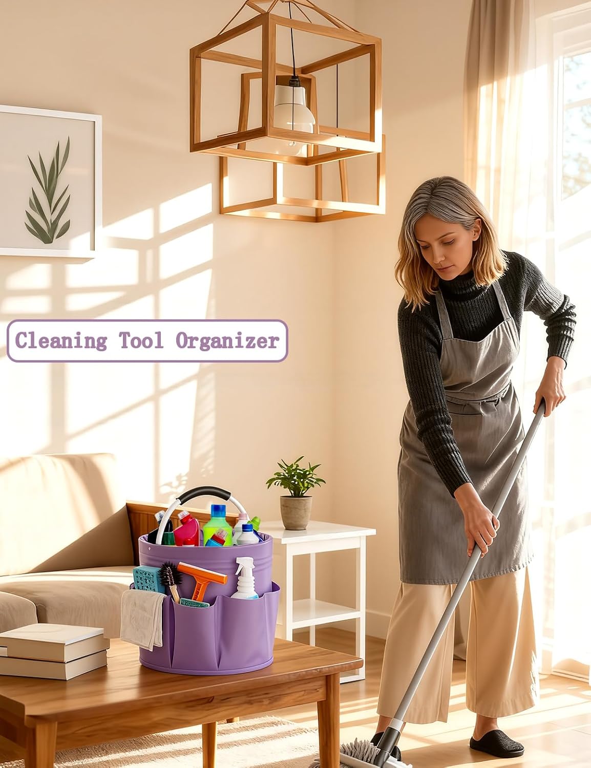 Cleaning Caddy with Handle, Cleaning Products Organiser, Foldable Storage Basket, Large Supply Organiser 17L with 6 Pockets, Portable Cleaning Caddy for Home & Garden (Black)