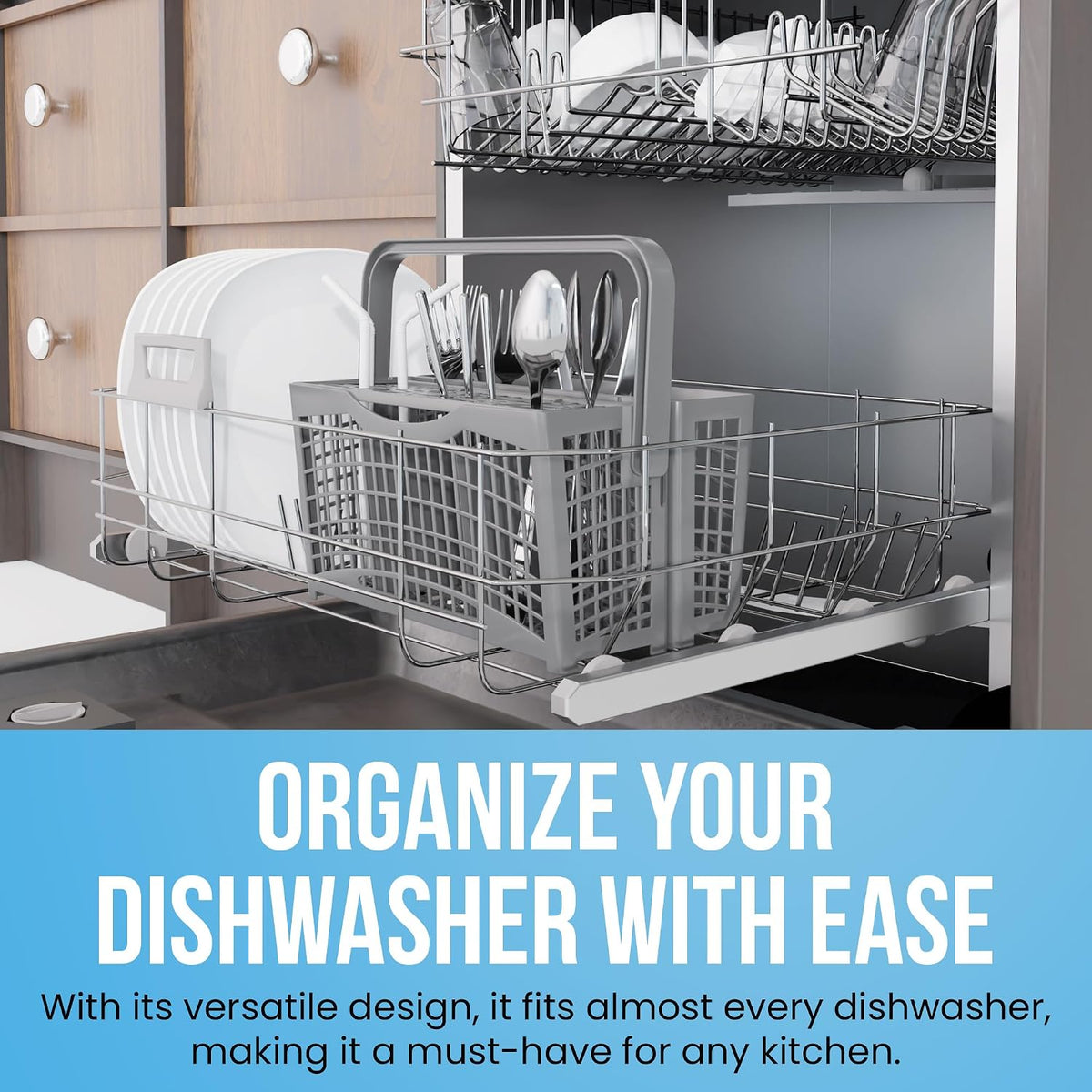 Universal Dishwasher Utensils Silverware Cutlery Basket Compatible with Maytag, Samsung, Kenmore,GE, Bosch, Whirlpool, KitchenAid and Many More (Gray)